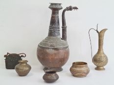 Collection of Asian and Middle Eastern brass, bronze and copper vessels, comprising a large copper