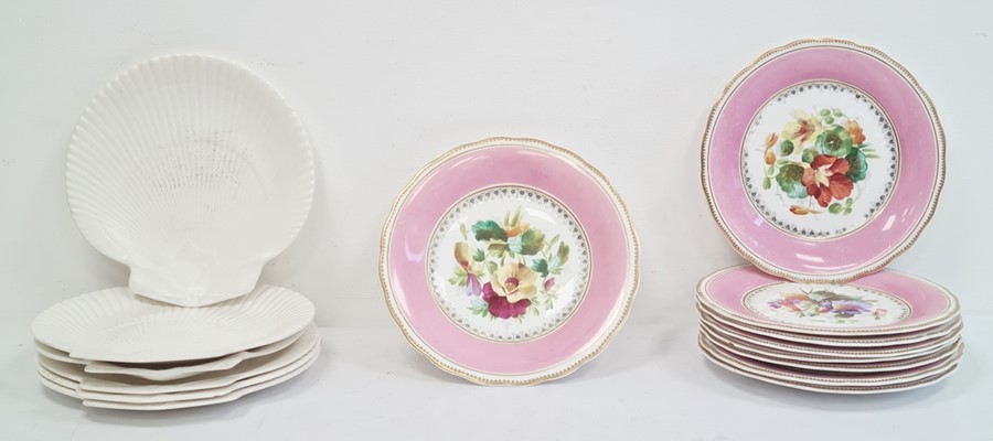 Seven Wedgwood of Etruria and Barlaston white scallop-shaped dishes, eight plates with pink