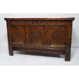 18th century oak coffer, the rectangular top with finger-cut sides and applied moulded edge to front