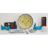 Collection of Chinese ceramics, to include a modern yellow ground circular dish, 30cm, a pair of