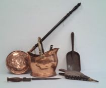 Copper warming pan, a copper coal scuttles, bellows and other fire tools