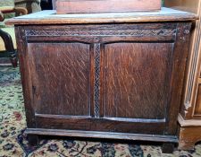 20th century oak coffer, rectangular top with moulded edge, two panel front, square section