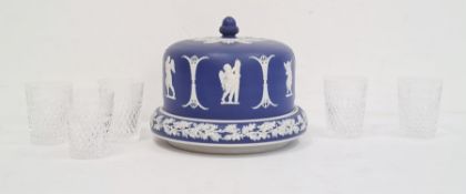 Wedgwood-style blue jasperware cheese dome, blue glazed stoneware jug, and a Royal Doulton casserole