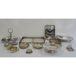 Quantity of plated ware to include circular pedestal dish, two-handled bowl, serving items, tea