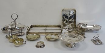 Quantity of plated ware to include circular pedestal dish, two-handled bowl, serving items, tea