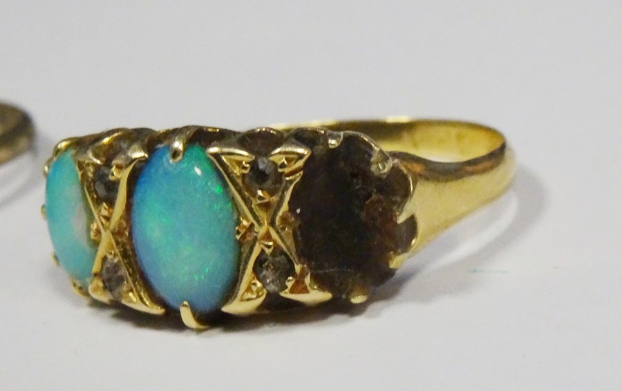 18ct gold and turquoise opal set three-stone ring (one stone missing), 4g approx total and a 9ct - Image 2 of 2