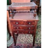 Mahogany side table of three drawers, square section tapering supports and a cane seated stool (2)