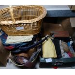 Various fabrics, kid gloves, Roberts radio, sewing box with cotton reels, vintage belts, an