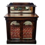 Victorian rosewood chiffionier with back above rectangular top, single drawer above two mirrored