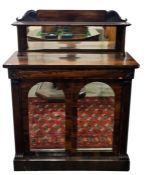 Victorian rosewood chiffionier with back above rectangular top, single drawer above two mirrored