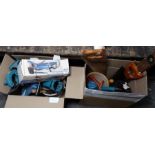 Two boxes of assorted tools including foot pump, spanners, electric drill with accessories and other