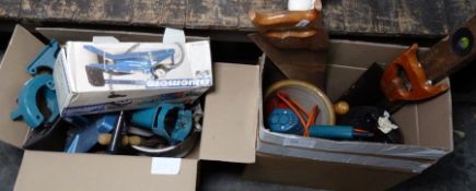 Two boxes of assorted tools including foot pump, spanners, electric drill with accessories and other