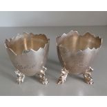 Pair of possibly Scandinavian silver-coloured (marked 830s) egg cups, with cracked eggshell design,