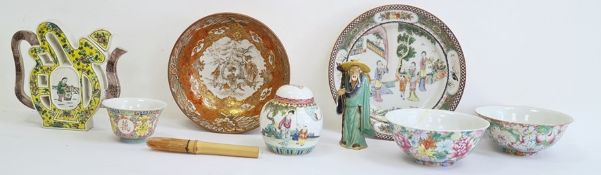 Assorted group of Asian ceramics, comprising a pierced scroll shaped yellow ground teapot and cover,