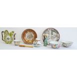 Assorted group of Asian ceramics, comprising a pierced scroll shaped yellow ground teapot and cover,