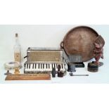 Regent accordion, a glass bottle, a carved figure, a wooden carved dish and other items (2 boxes)