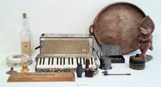 Regent accordion, a glass bottle, a carved figure, a wooden carved dish and other items (2 boxes)