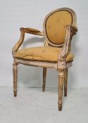 French Louis XV style elbow chair in cream and gilt shabby chic finish, yellow upholstered seat