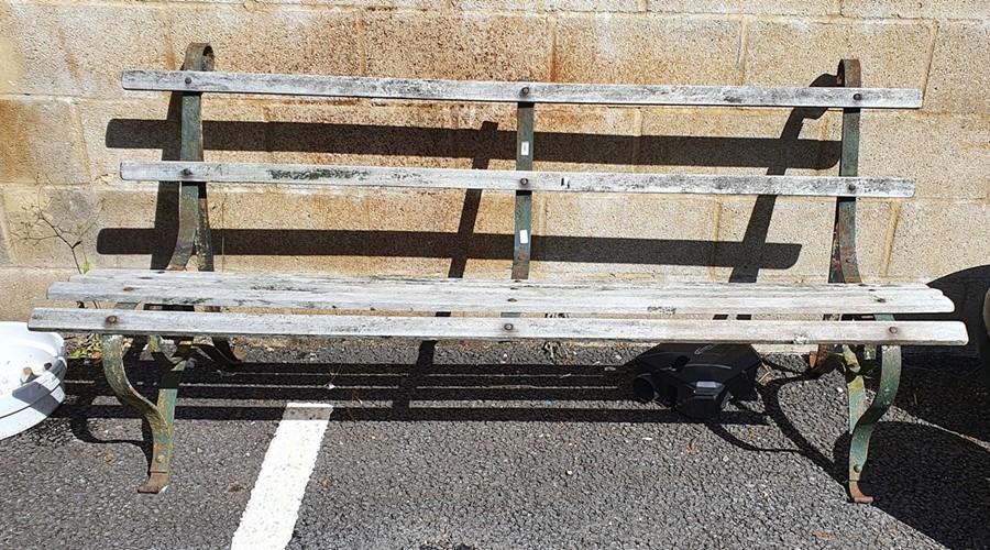 Wooden slatted wrought iron bench, 184cm long