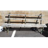 Wooden slatted wrought iron bench, 184cm long