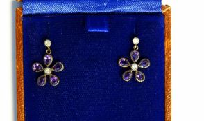 Amethyst and diamond daisy-style earrings, boxed