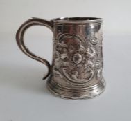 WITHDRAWN -18th century silver mug with later repousse decoration, scroll and floral, all marks