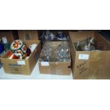 Assorted glassware, ceramics and a modern table oil lamp (3 boxes)
