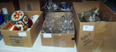 Assorted glassware, ceramics and a modern table oil lamp (3 boxes)