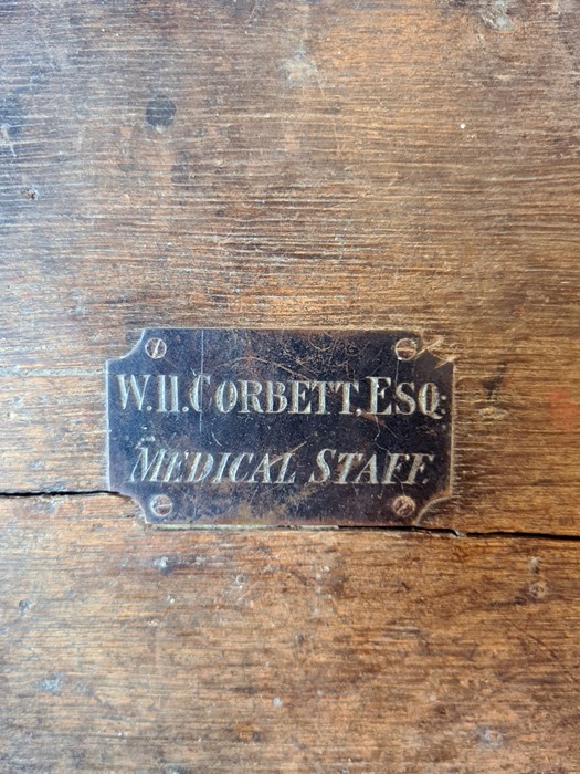19th century trunk with iron bindings, plaque marked 'W.H.Corbett.Esq: Medical Staff', 53cm x 36cm - Image 2 of 2