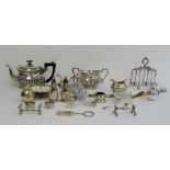 Quantity of silver plate to include teapot, sauceboat, milk jug, dishes, sugar nips, etc