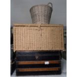 Metal and wood banded travelling trunk, a large wicker laundry basket and another basket (3)