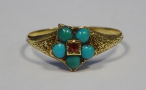 Gold coloured turquoise and ruby ring, flowerhead pattern, 1.4g in totalCondition ReportThe ring