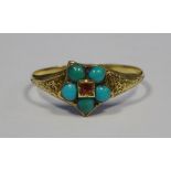 Gold coloured turquoise and ruby ring, flowerhead pattern, 1.4g in totalCondition ReportThe ring