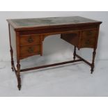 Late Victorian Arts and Crafts style desk, the rectangular top with green tooled leather inset
