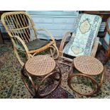 20th century bamboo-framed rocking chair, another chair and two bamboo-framed side stools (4)