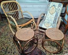 20th century bamboo-framed rocking chair, another chair and two bamboo-framed side stools (4)