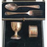 Cased set of 1930's silver child's fork and spoon engraved with initials, Sheffield 1930 and a cased