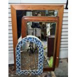 Rectangular wall mirror with pine frame, an arched top mirror with tiled frame and a 19th century