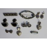 Silver heart shaped earrings, silver drop earrings, bicycle brooch,  an oval brooch, a silver