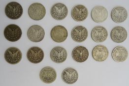 Collection of 20 silver 1 dollar coins from years 1878, 1879, 1880 x 2, 1883, 1885, 1887 x 2,