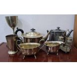 Quantity of plated ware to include teapots, trophy cups, flatware, condiment set, etc (1 box)