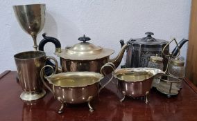 Quantity of plated ware to include teapots, trophy cups, flatware, condiment set, etc (1 box)