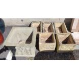 Six square/rectangular cast garden planters, three with rope-twist borders, the others with