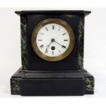 Victorian black slate mantel single train clock, white enamel dial with Roman numerals and black '