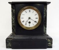 Victorian black slate mantel single train clock, white enamel dial with Roman numerals and black '