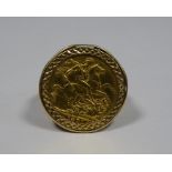 9ct gold sovereign ring set Victorian sovereign 1891 in scroll mount, 14.8g approx in total