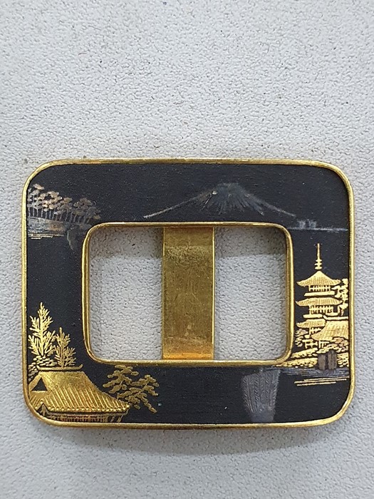 A pair of Japanese niello buckles, c.1930, in gold and black with mountain and pagoda scenes, mark - Image 7 of 15