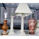 Pair of wood painted table lamps formed as square columns 37.5 cms h., a ceramic table lamp of ovoid