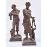 Pair of bronzed working men figures to include miner and blacksmith, on square wooden stands, 34cm