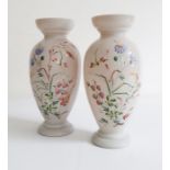 Pair of late Victorian opaline glass vases with applied floral and dragonfly decoration, both approx